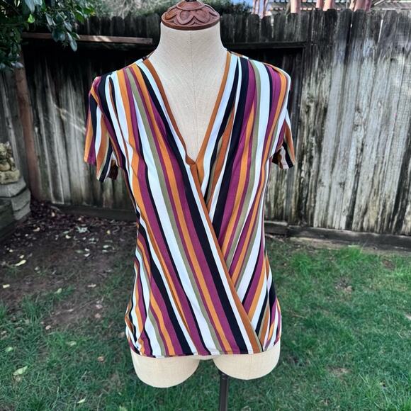 TuaTop Striped Surplice Wrap Short Sleeves High Low Multi Women's Size XS - Picture 1 of 10